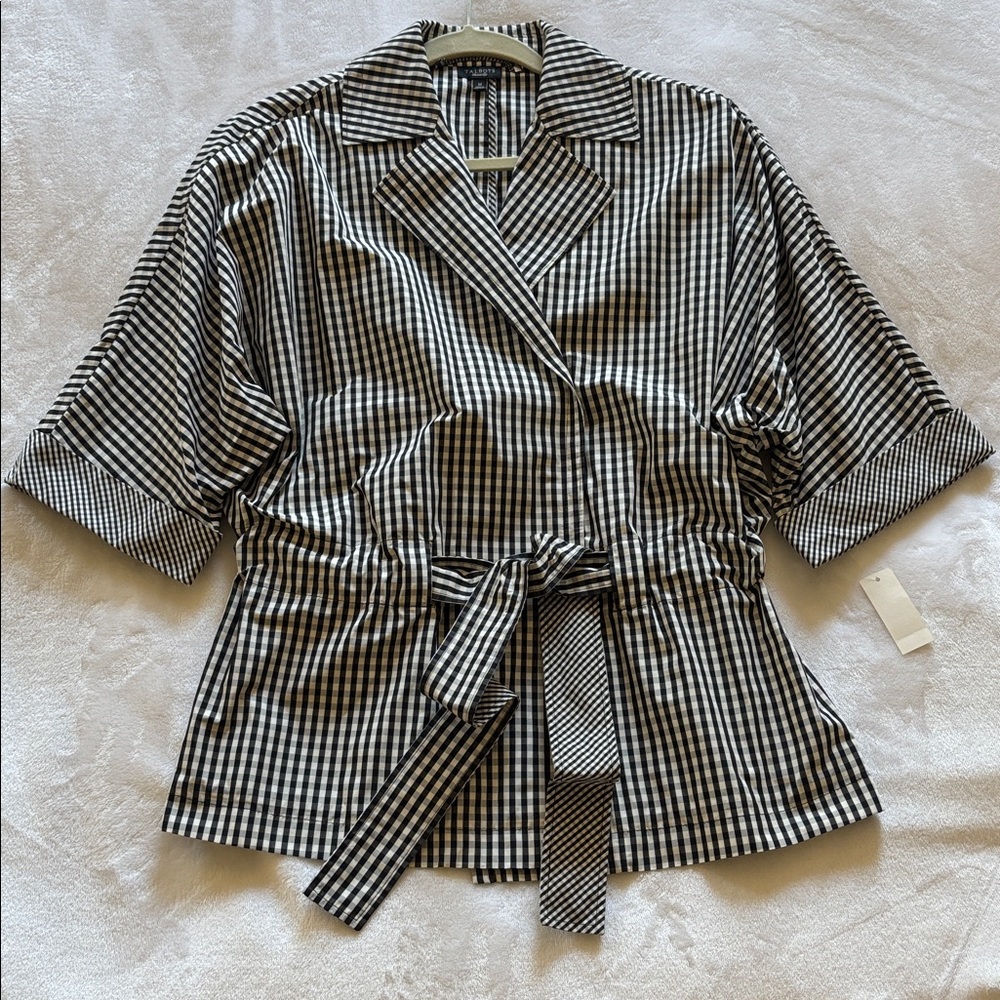 Talbots Black and White Gingham Blazer Style Blouse- Wrap Design with Self Belt